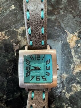 TOKYObay Turquoise Dial Watch with Brown Strap and Turquoise Stitching